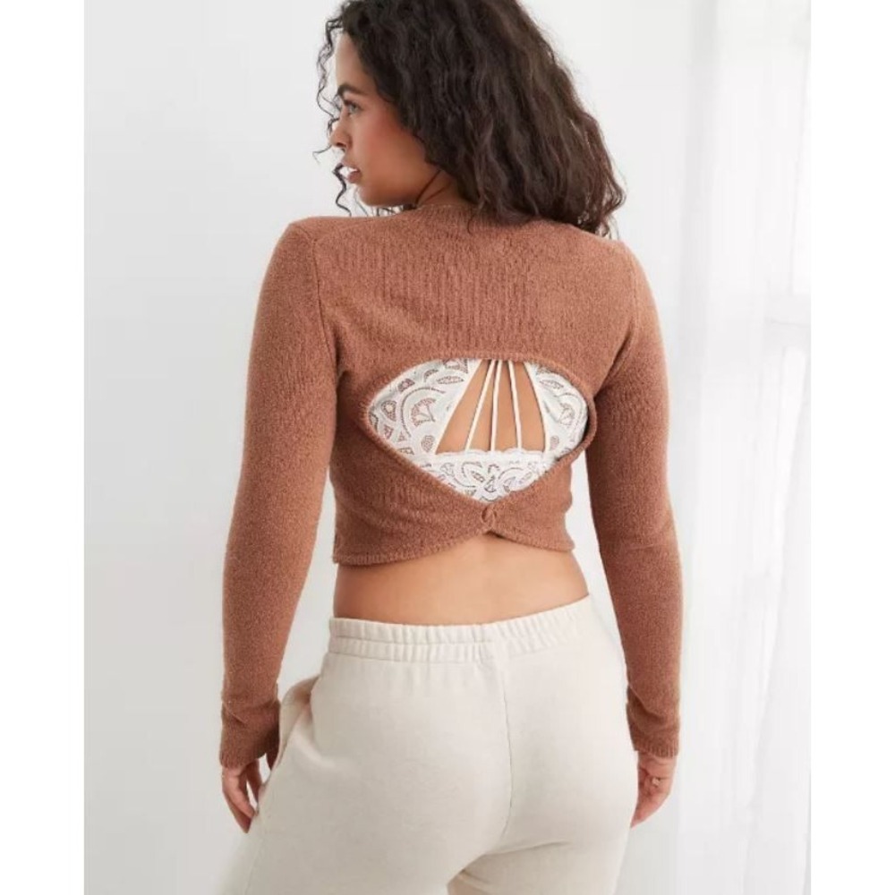 AERIE Open‎ Back Cropped Sweater Knit Long Sleeve Horizon Brown Cozy Fuzzy Sz XL